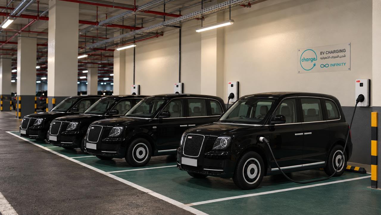 Fleet vehicles charging at a commercial facility